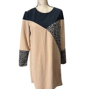 Emery Rose Dress Womens M Tan/Black Colorblock Leopard Shift Knee Long